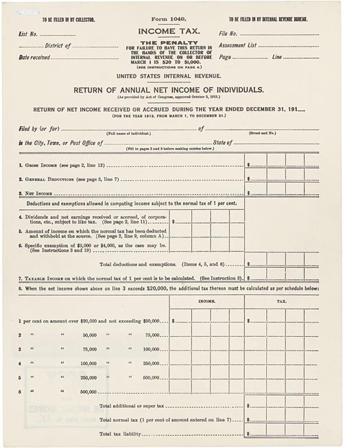 First Form 1040 for Income Tax from 1913